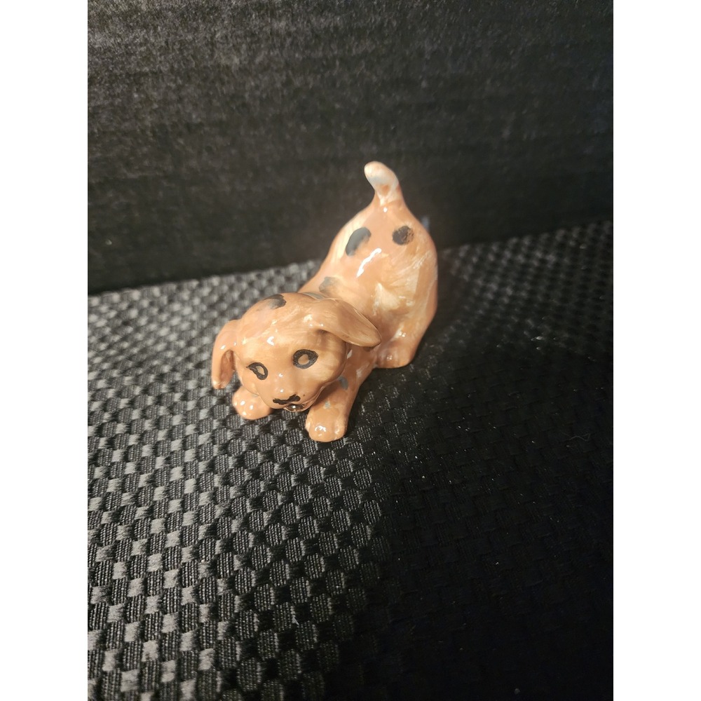 Vintage 1965 Mayco Ceramic Spotted Puppy Dog Figurine Blue Collar Tan Brown